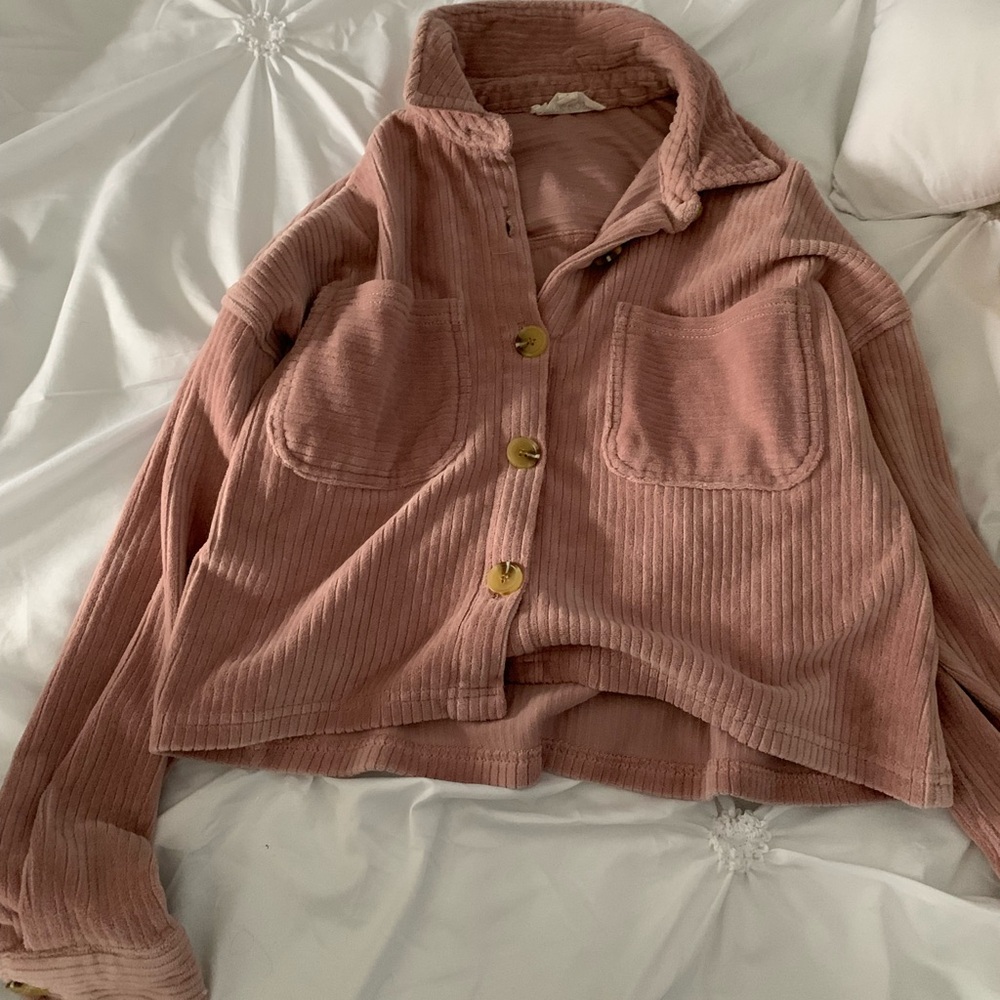 Pink Teddy Jacket with Stand-Up Collar and Gold Zipper